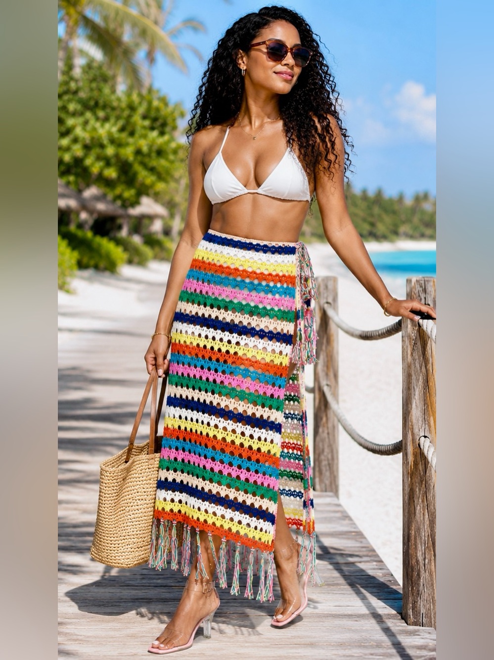 Boho Rainbow Crochet Fringe Maxi Skirt Festival Wrap Coverup Vacation M 8-10